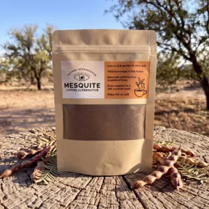Front view of Mesquite Coffee Alternative 100g travel-size pack, wild-harvested in the Karoo, caffeine-free coffee alternative