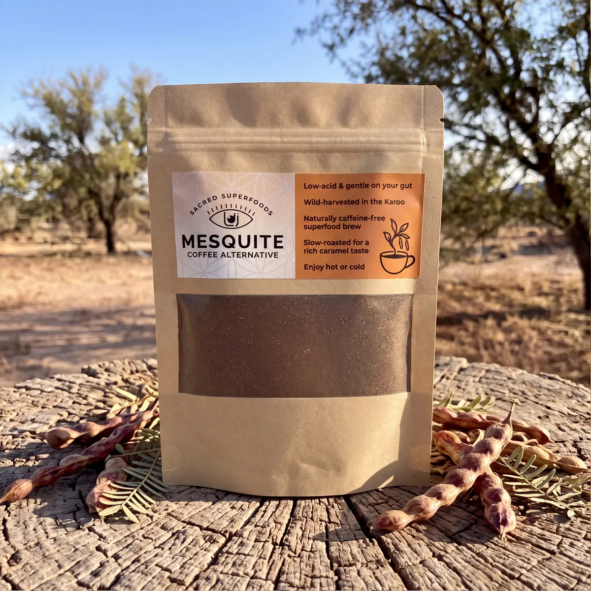 Front view of Mesquite Coffee Alternative 100 g travel-size pack, wild-harvested in the Karoo, caffeine-free superfood coffee alternative.