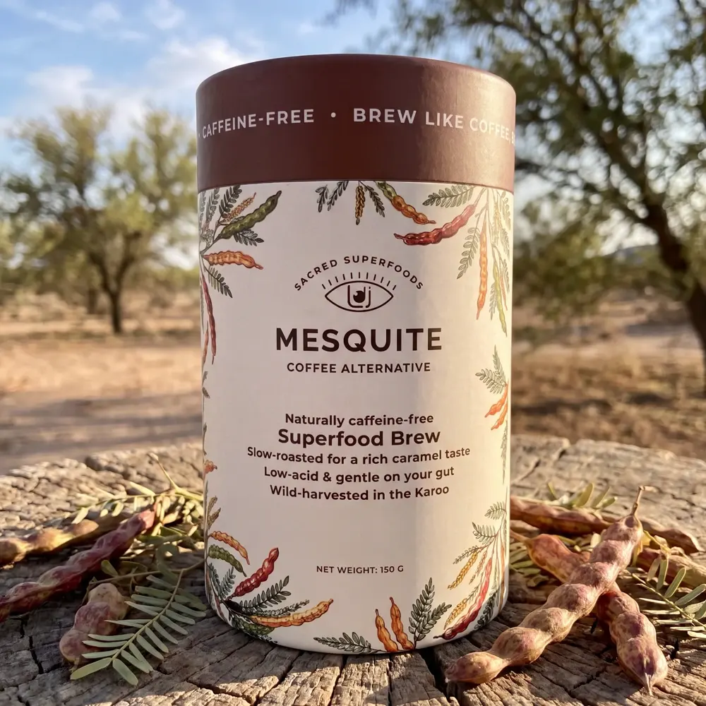 Front view of Mesquite Coffee Alternative 100 g travel-size pack, wild-harvested in the Karoo, caffeine-free superfood coffee alternative.