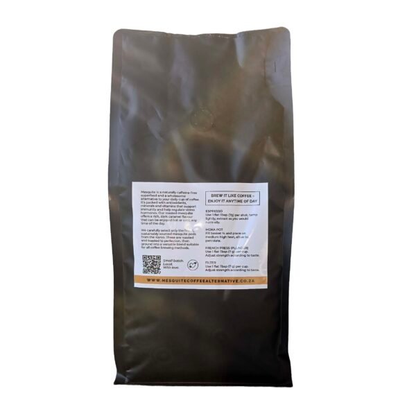 Back of Mesquite Coffee Alternative 1kg packaging with nutritional information – South African caffeine-free superfood coffee, alternative to MannaBrew
