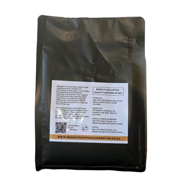 Back of Mesquite Coffee Alternative 400g packaging with nutrition details – South African superfood coffee alternative to MannaBrew, caffeine-free