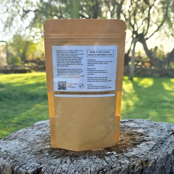 Back view of Mesquite Coffee Alternative 100 g pack showing brewing instructions, nutritional details, and eco-friendly small batch packaging.