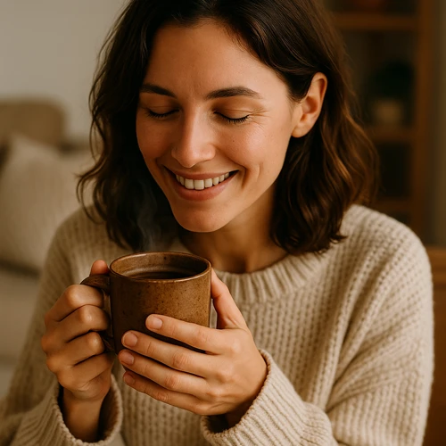 Taste Experience – Someone enjoying mesquite coffee with visible delight, in a cozy home or café.