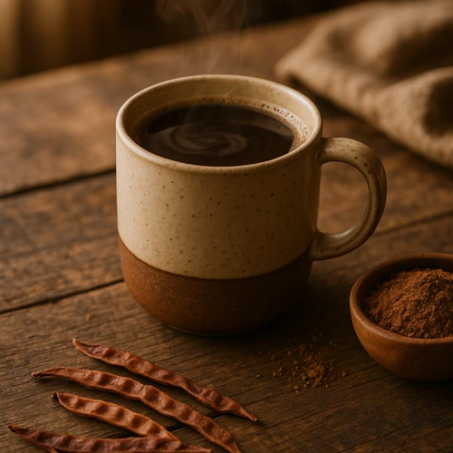 A cozy, inviting scene of a cup of steaming mesquite coffee on a rustic table, with earthy tones and morning light.